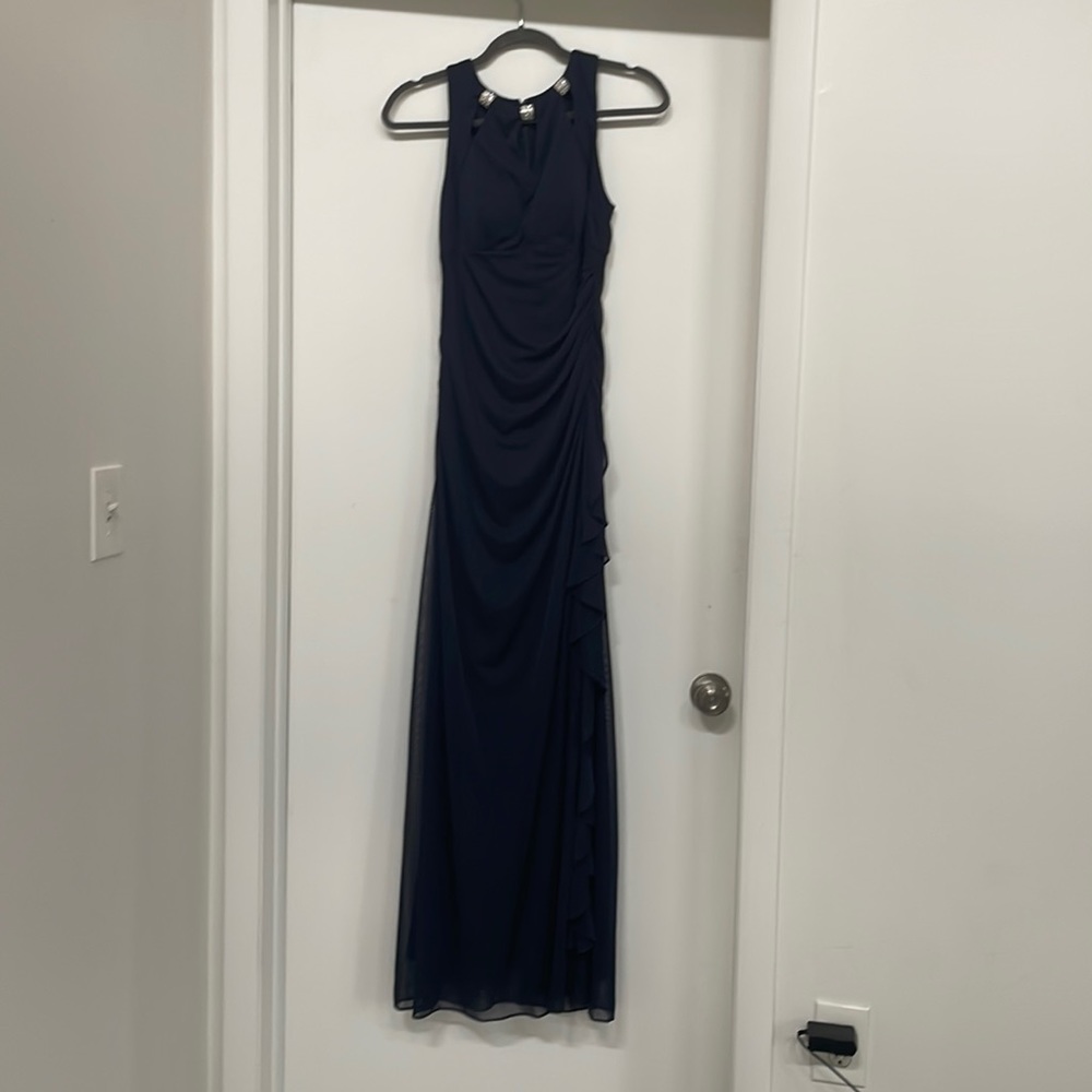 Formal dress for a evening event. Navy blue /flattering ruching. Worn only once